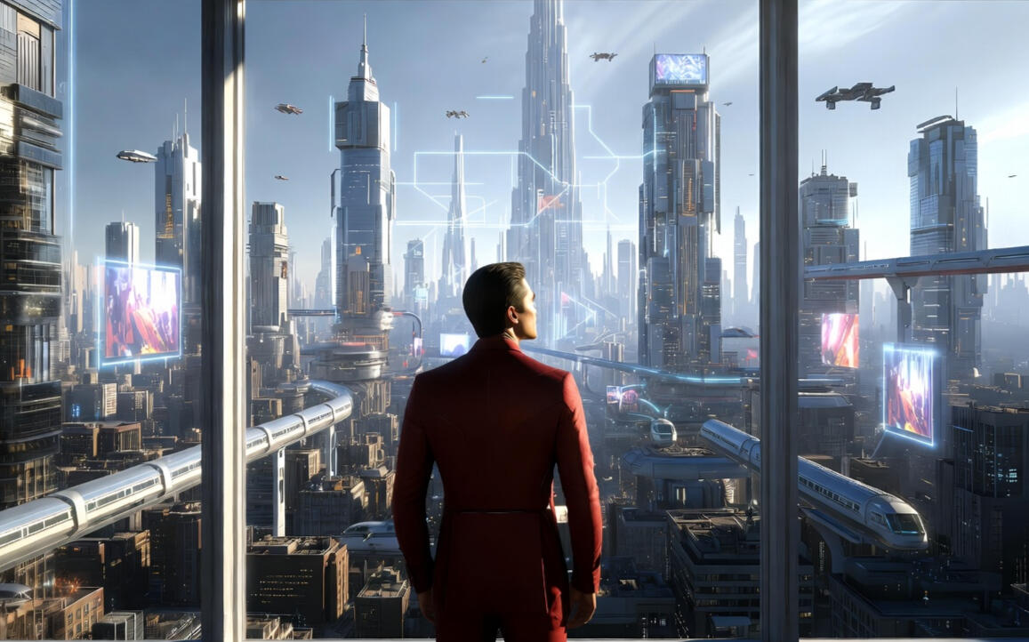 Man looking out of futuristic window - AI generated